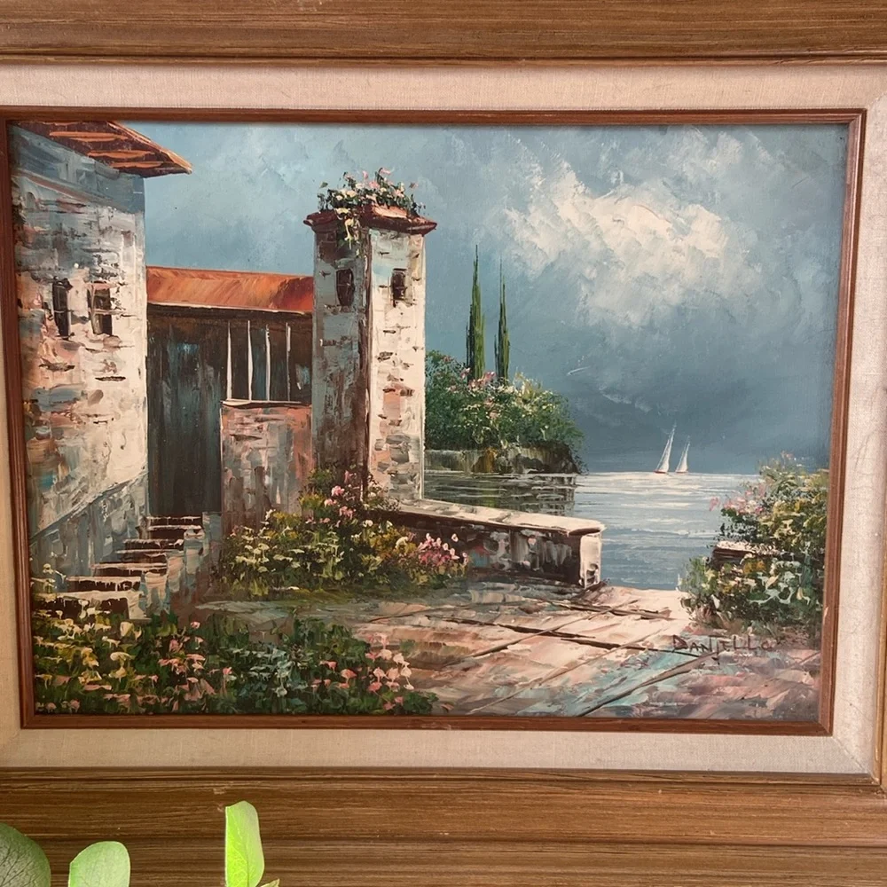 Vintage Original Oil Panting On Canvas Signed Artist D'aniello Large Seaside - Picture 4 of 7